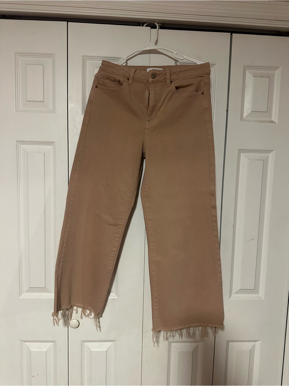 High-Rise Wide-Leg Jeans in Tan with Raw Hem